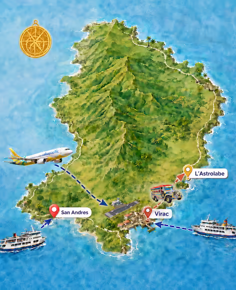 Map of Catanduanes showing how to reach L’Astrolabe Ecolodge from Virac and San Andres