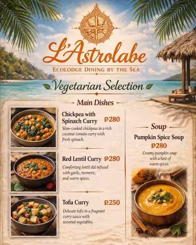 Menu végétarien Catanduanes produits frais légumes écolodge L'Astrolabe