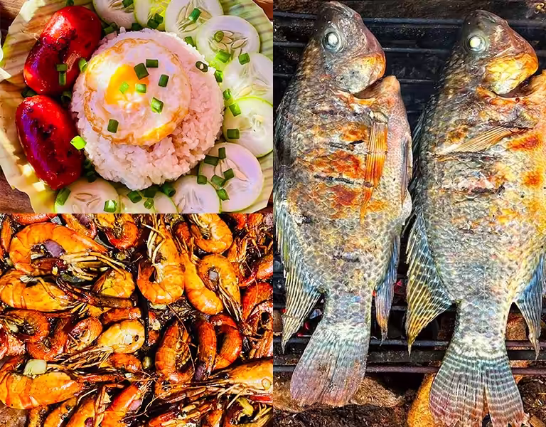 Tilapias grillés, écrevisses et longganisa servis à L’Astrolabe Ecolodge à Catanduanes